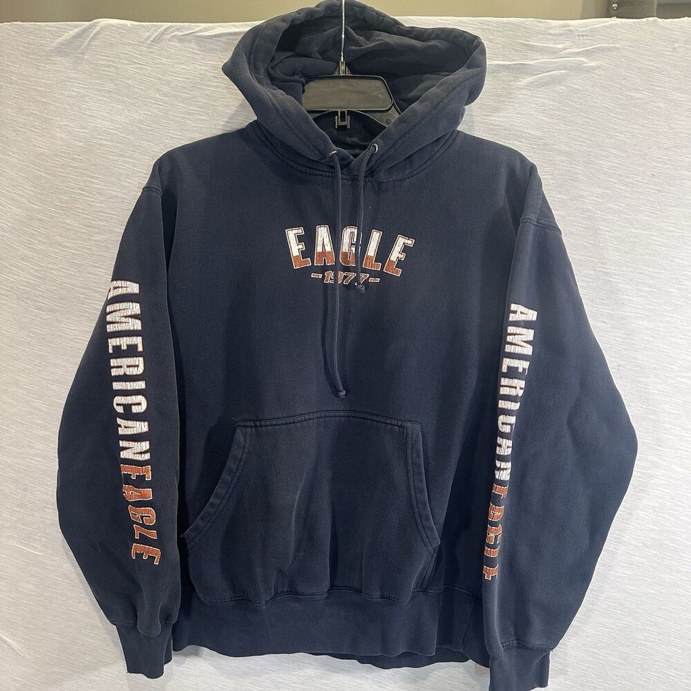 American Eagle Hoodie Mens Small Blue Orange 1977 Graphic Pullover Sweatshirt